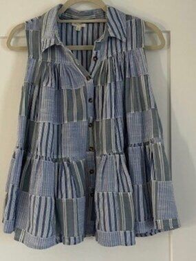 NWOT Anthropologie Pilcro Tiered Sleeveless Blouse Blue Patchwork Top, size XS